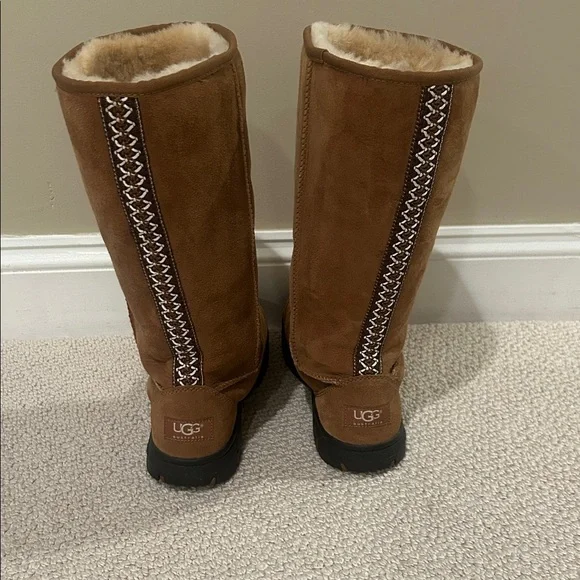 UGG Tall Chestnut Suede Shearling Boots with Stitch Detail size 8 - Picture 2 of 8